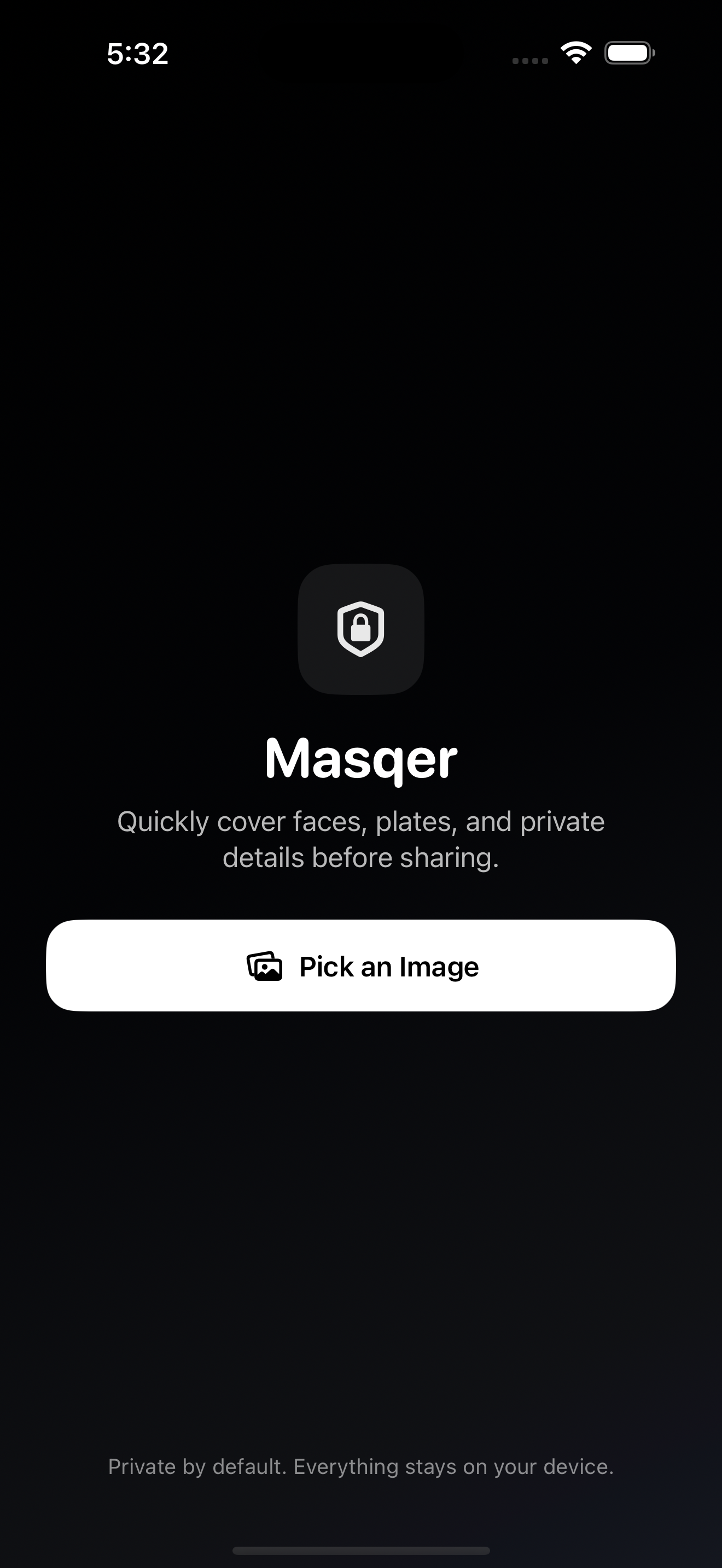Masqer home screen with a single pick image action